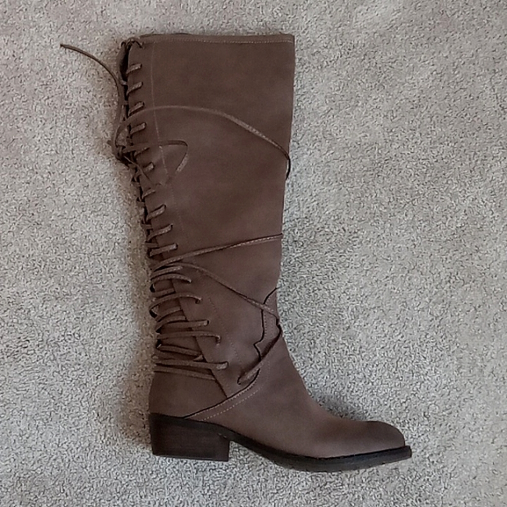 Tall Taupe Colored Lace Up Designer Boots w/Short Stacked Heels